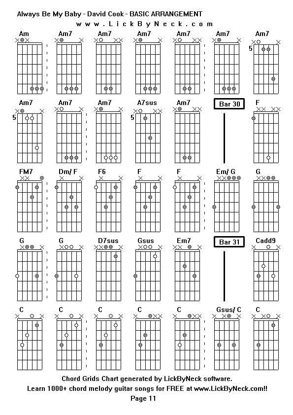 Chord Grids Chart of chord melody fingerstyle guitar song-Always Be My Baby - David Cook - BASIC ARRANGEMENT,generated by LickByNeck software.